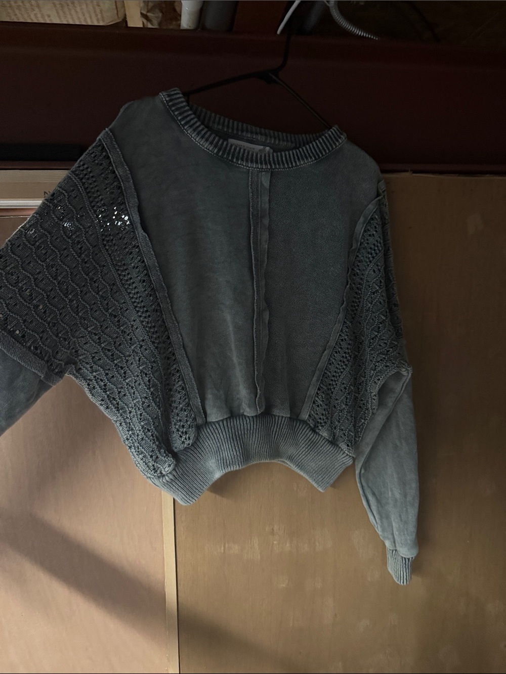 Altar'd State Slate Gray Knit-Panel Crewneck Sweater